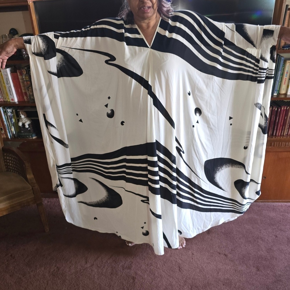 Frank Usher London Vintage Kaftan Dress Black White Abstract Made in England